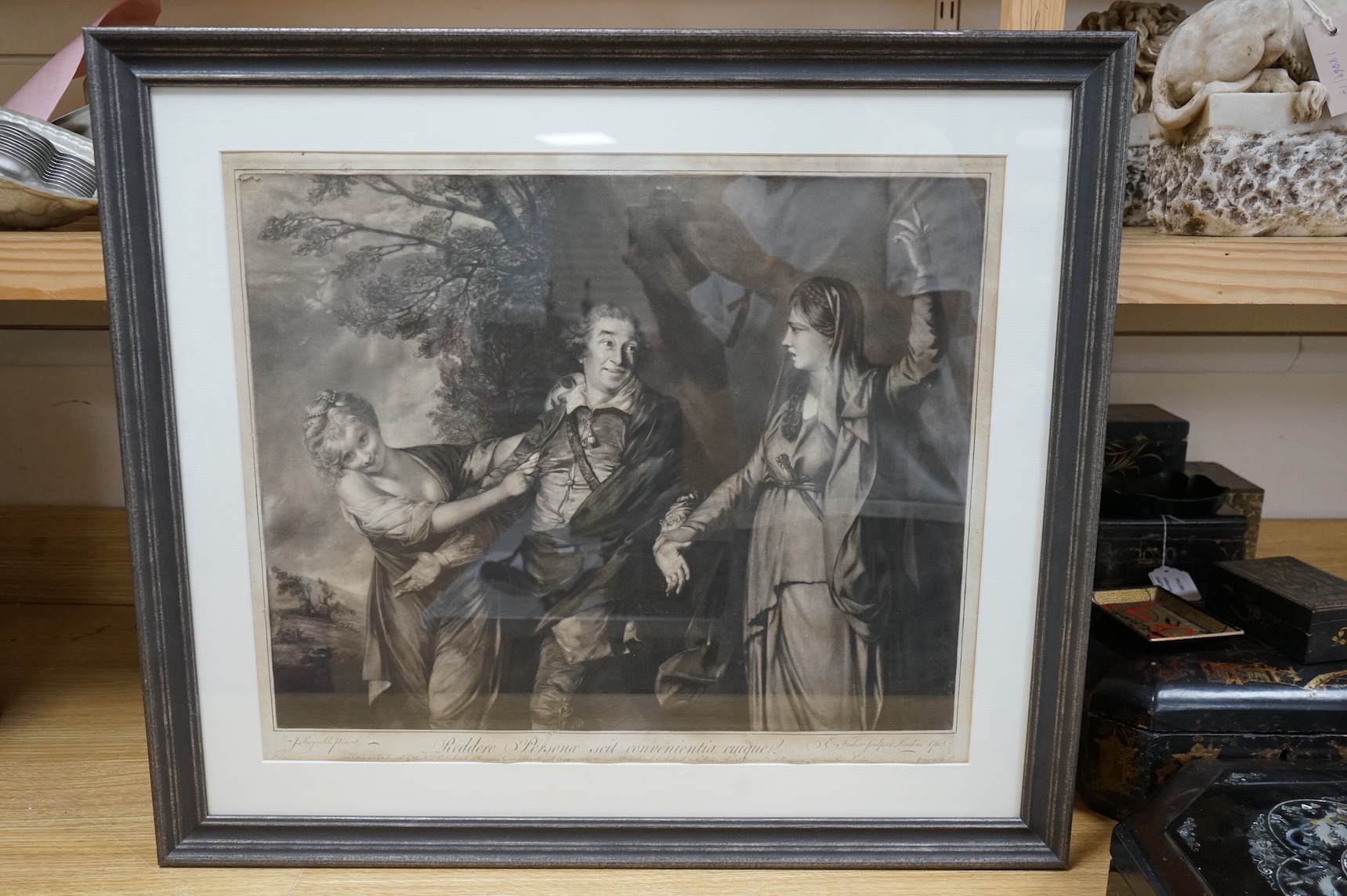After Sir Joshua Reynolds (1723-1792), 'David Garrick between tragedy and comedy', sold by Edward Fisher, John Boydell and E Bakewell, 1762, mezzotint, 45 x 53cm